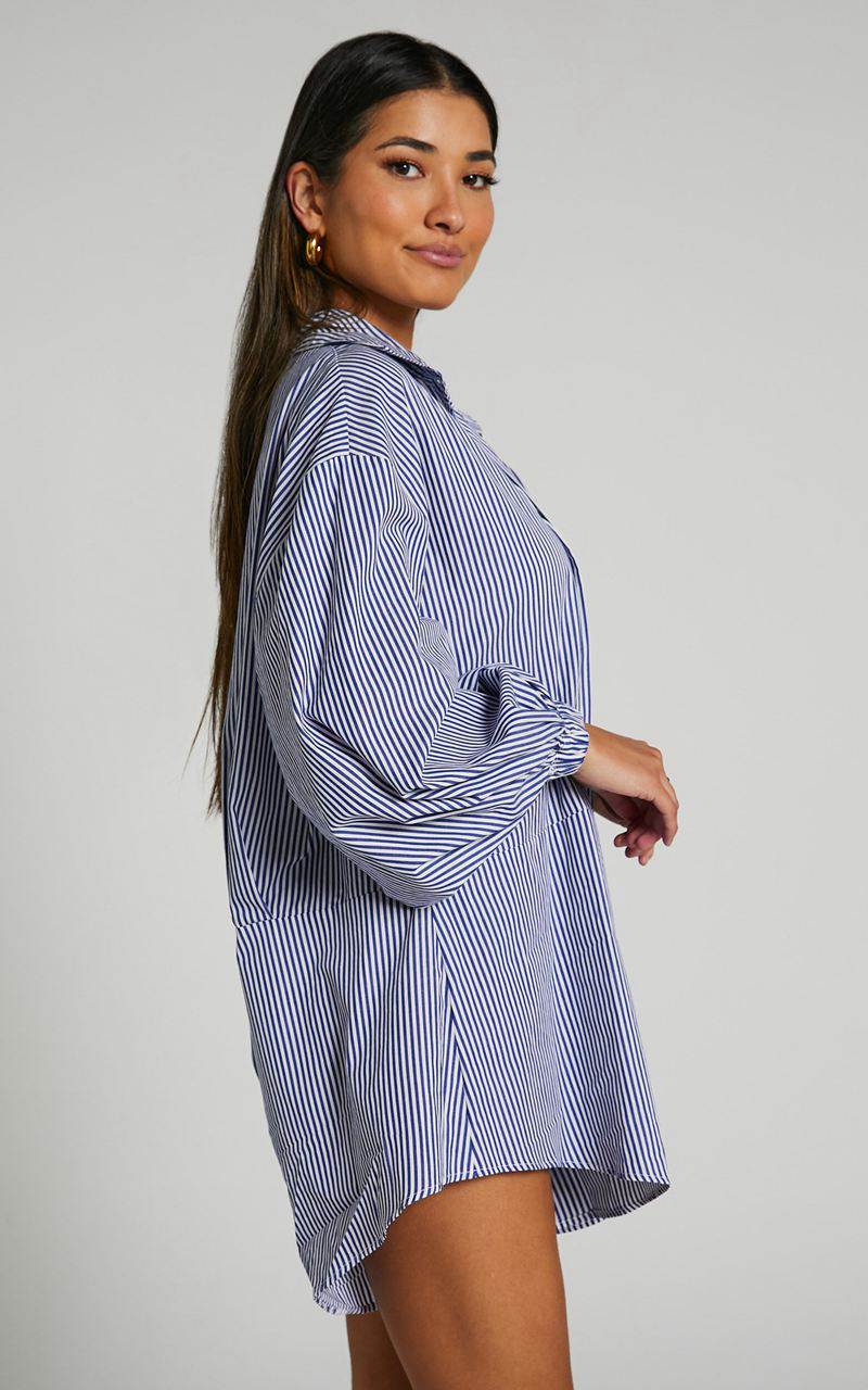 Showpo Anka Playsuit - Relaxed Button Front Shirt Playsuit Navy Stripe | TCNQSZ618