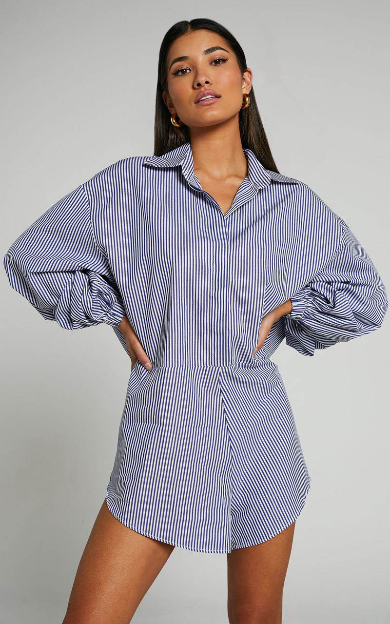 Showpo Anka Playsuit - Relaxed Button Front Shirt Playsuit Navy Stripe | TCNQSZ618