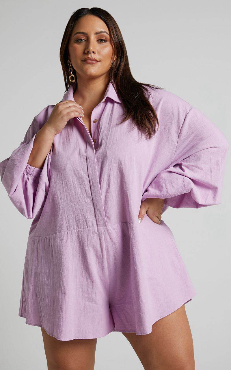 Showpo Anka Playsuit - Relaxed Button Front Shirt Playsuit Lilac | HSUFJX806