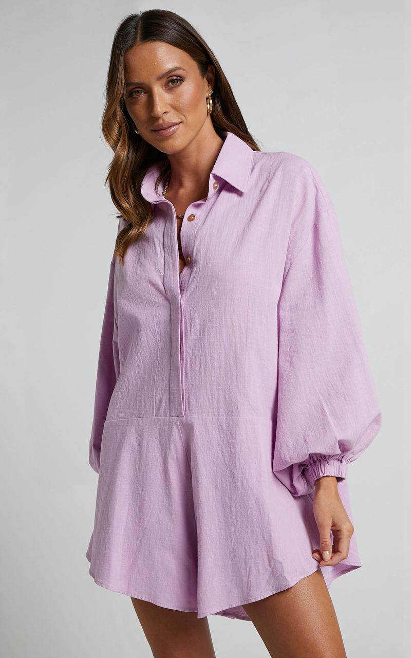 Showpo Anka Playsuit - Relaxed Button Front Shirt Playsuit Lilac | HSUFJX806