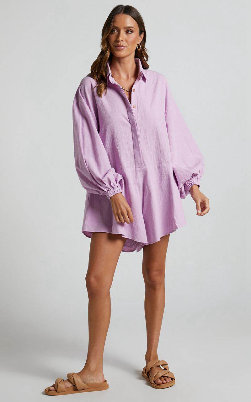 Showpo Anka Playsuit - Relaxed Button Front Shirt Playsuit Lilac | HSUFJX806