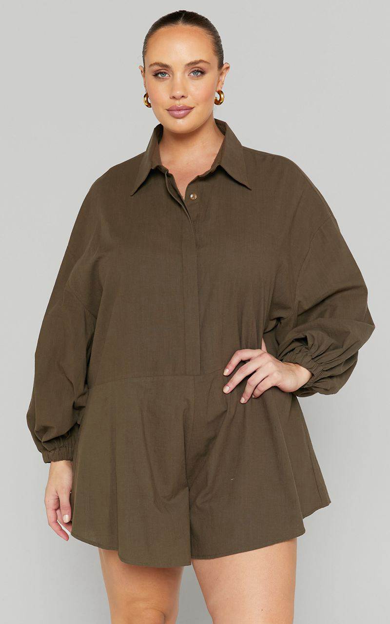 Showpo Anka Playsuit - Relaxed Button Front Shirt Playsuit Khaki | JMGTAN875