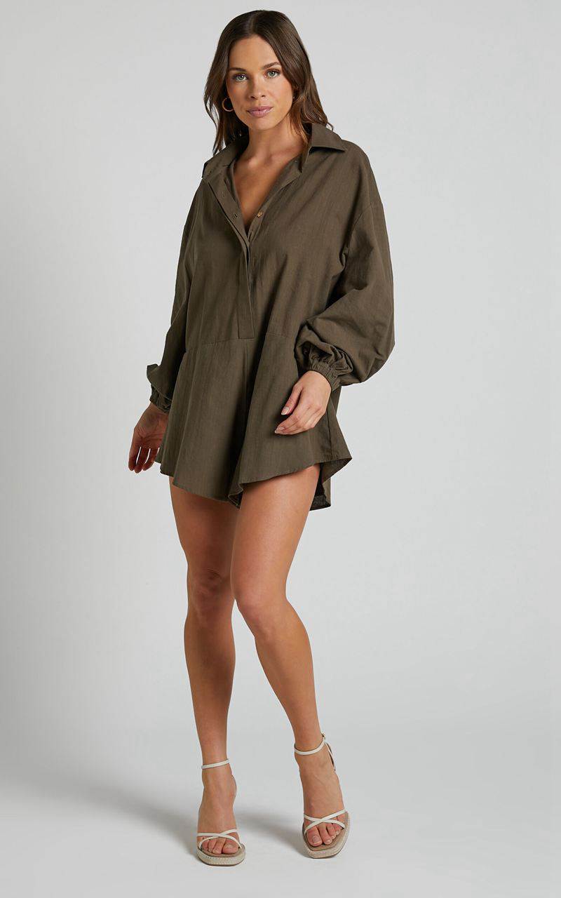 Showpo Anka Playsuit - Relaxed Button Front Shirt Playsuit Khaki | JMGTAN875