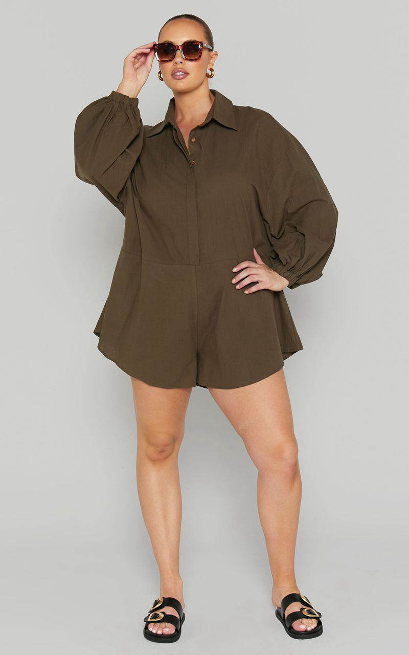 Showpo Anka Playsuit - Relaxed Button Front Shirt Playsuit Khaki | JMGTAN875