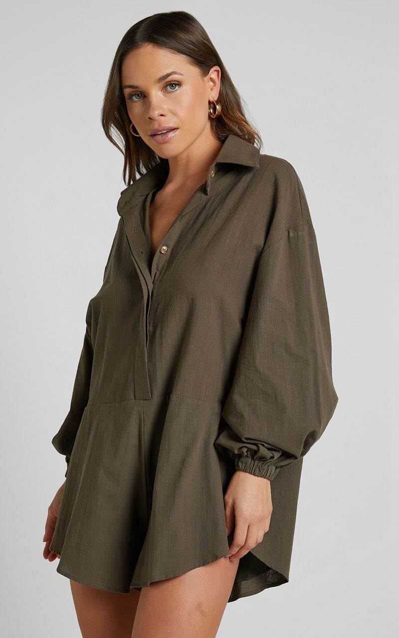 Showpo Anka Playsuit - Relaxed Button Front Shirt Playsuit Khaki | JMGTAN875