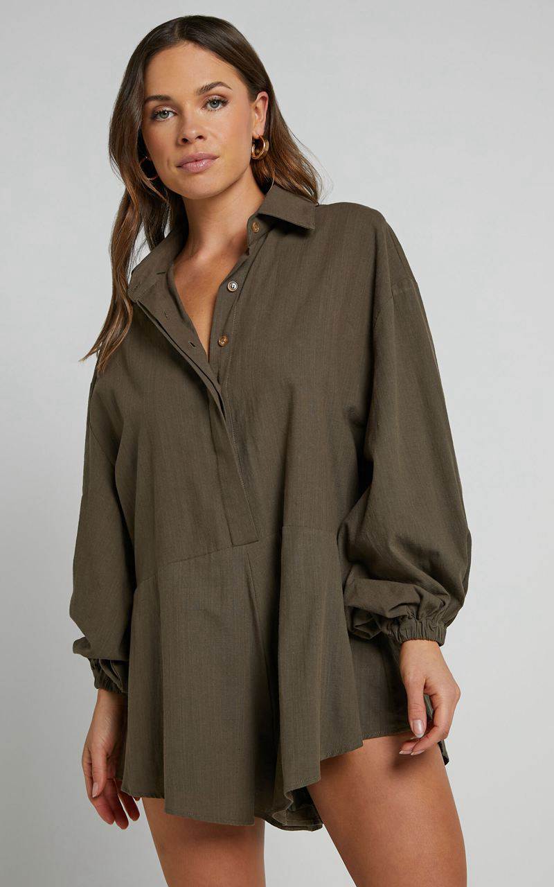 Showpo Anka Playsuit - Relaxed Button Front Shirt Playsuit Khaki | JMGTAN875