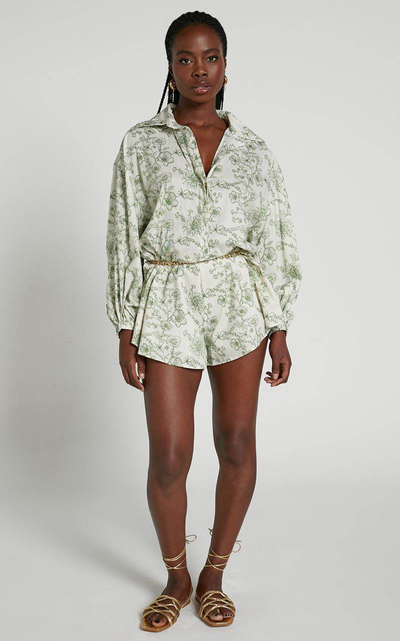 Showpo Anka Playsuit - Relaxed Button Front Shirt Playsuit Green Floral | EUGJHQ703