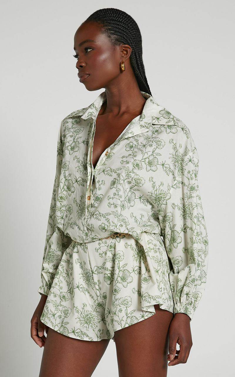 Showpo Anka Playsuit - Relaxed Button Front Shirt Playsuit Green Floral | EUGJHQ703