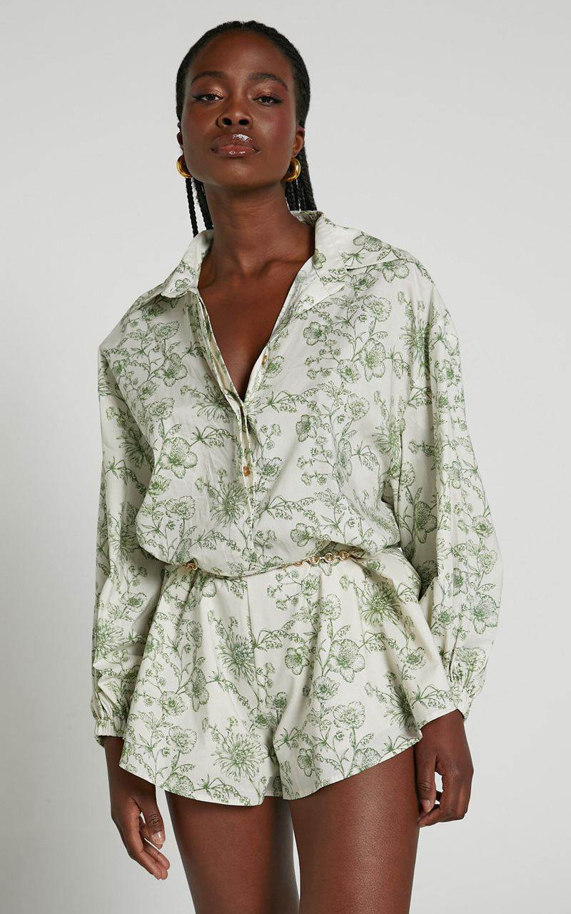 Showpo Anka Playsuit - Relaxed Button Front Shirt Playsuit Green Floral | EUGJHQ703