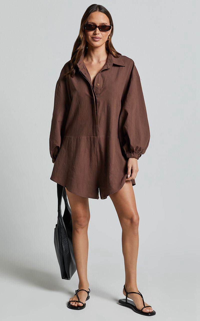 Showpo Anka Playsuit - Relaxed Button Front Shirt Playsuit Chocolate | FNMSJX864