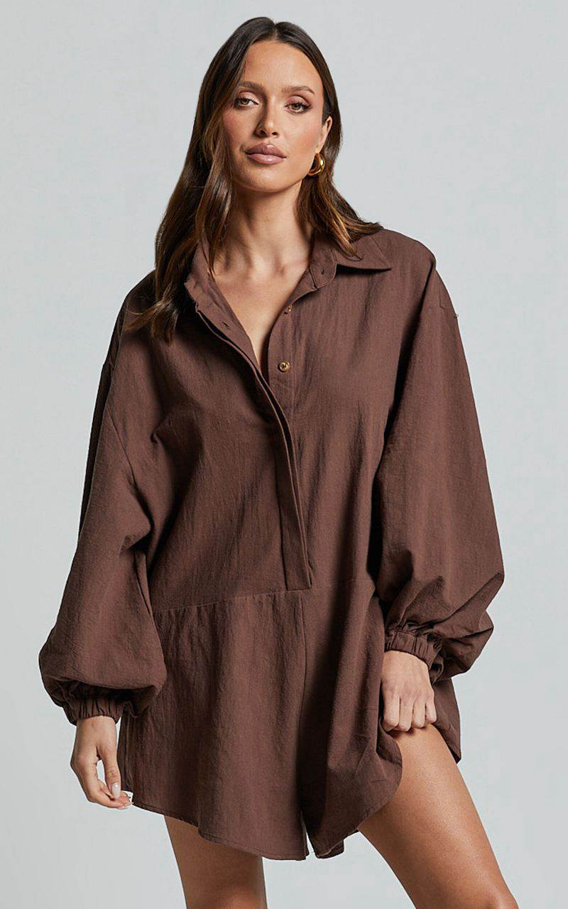 Showpo Anka Playsuit - Relaxed Button Front Shirt Playsuit Chocolate | FNMSJX864