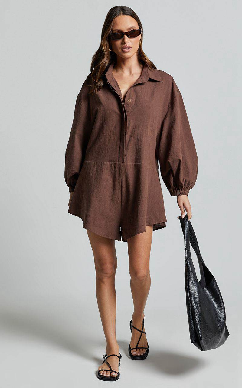 Showpo Anka Playsuit - Relaxed Button Front Shirt Playsuit Chocolate | FNMSJX864