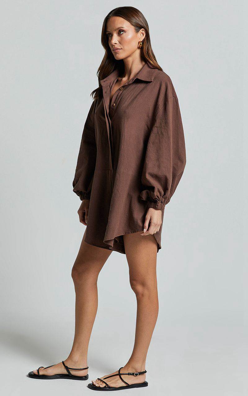 Showpo Anka Playsuit - Relaxed Button Front Shirt Playsuit Chocolate | FNMSJX864