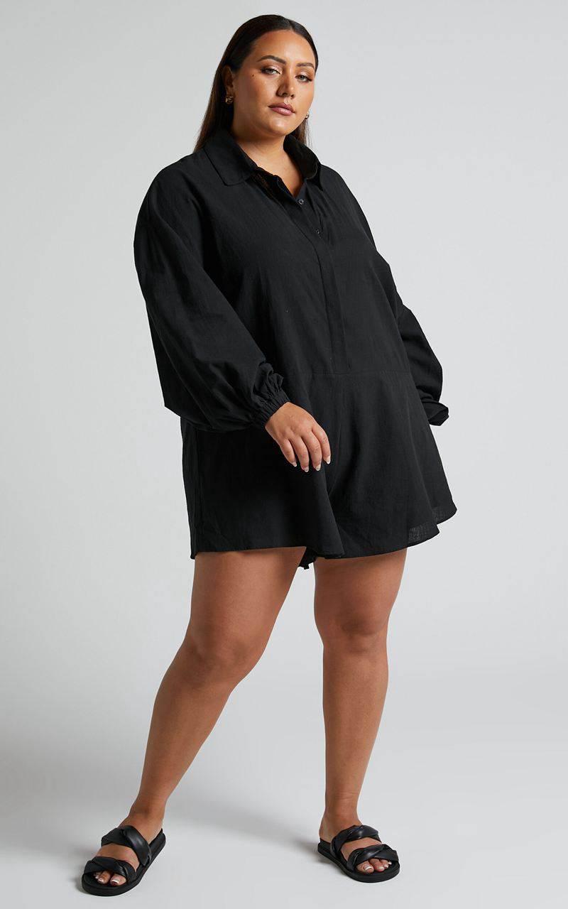 Showpo Anka Playsuit - Relaxed Button Front Shirt Playsuit Black | UWMXFH597