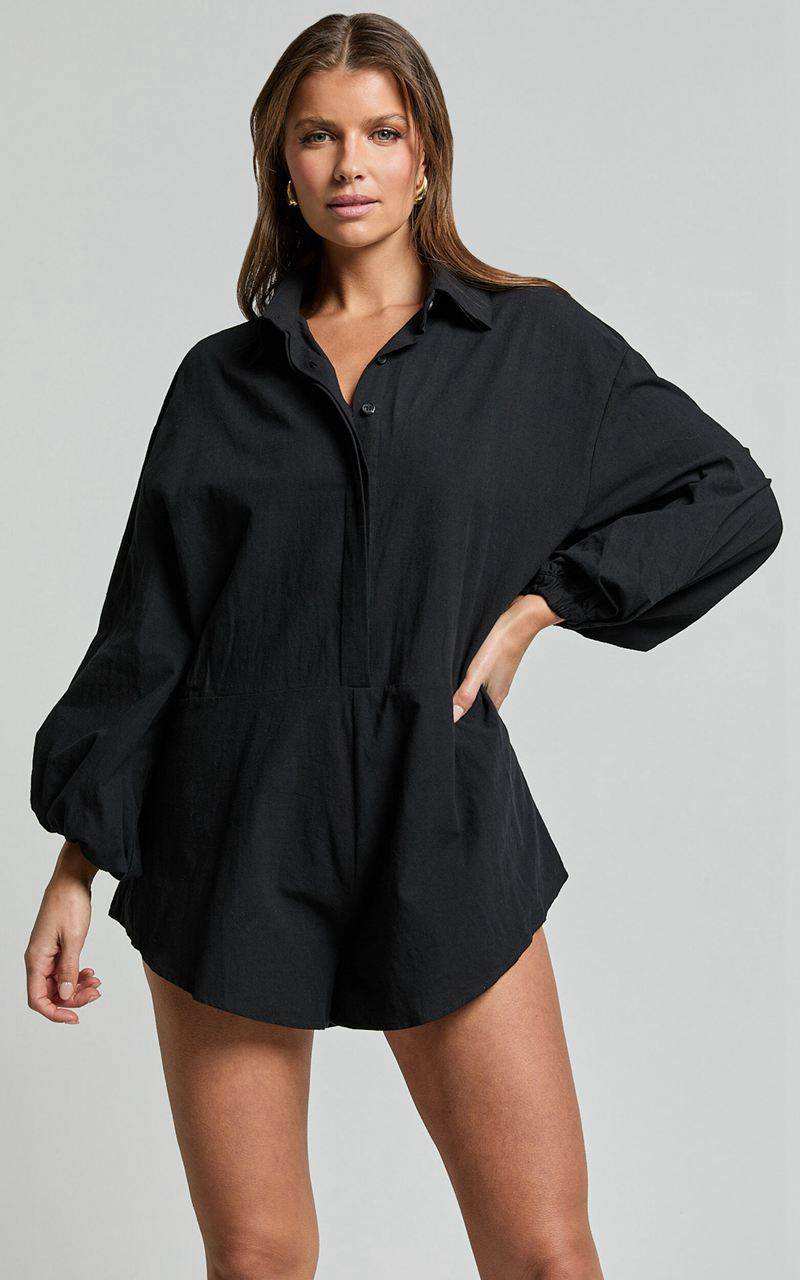 Showpo Anka Playsuit - Relaxed Button Front Shirt Playsuit Black | UWMXFH597