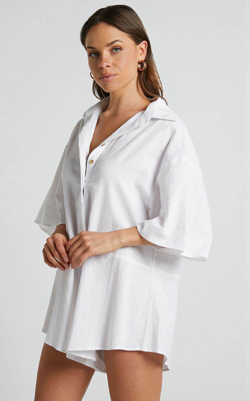 Showpo Ankana Playsuit - Short Sleeve Relaxed Button Front Playsuit White | LYHFDN058