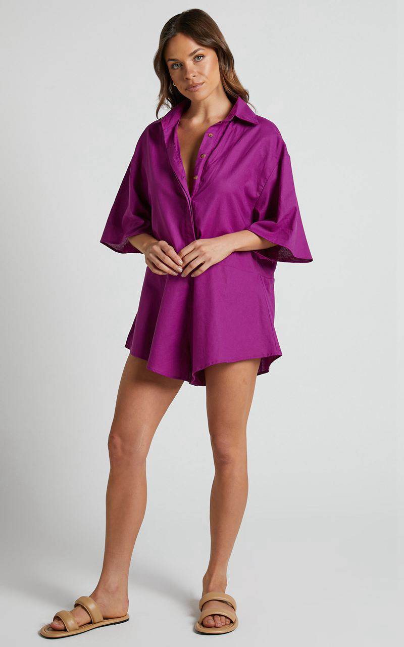 Showpo Ankana Playsuit - Short Sleeve Relaxed Button Front Playsuit Magenta | KMOQPY572