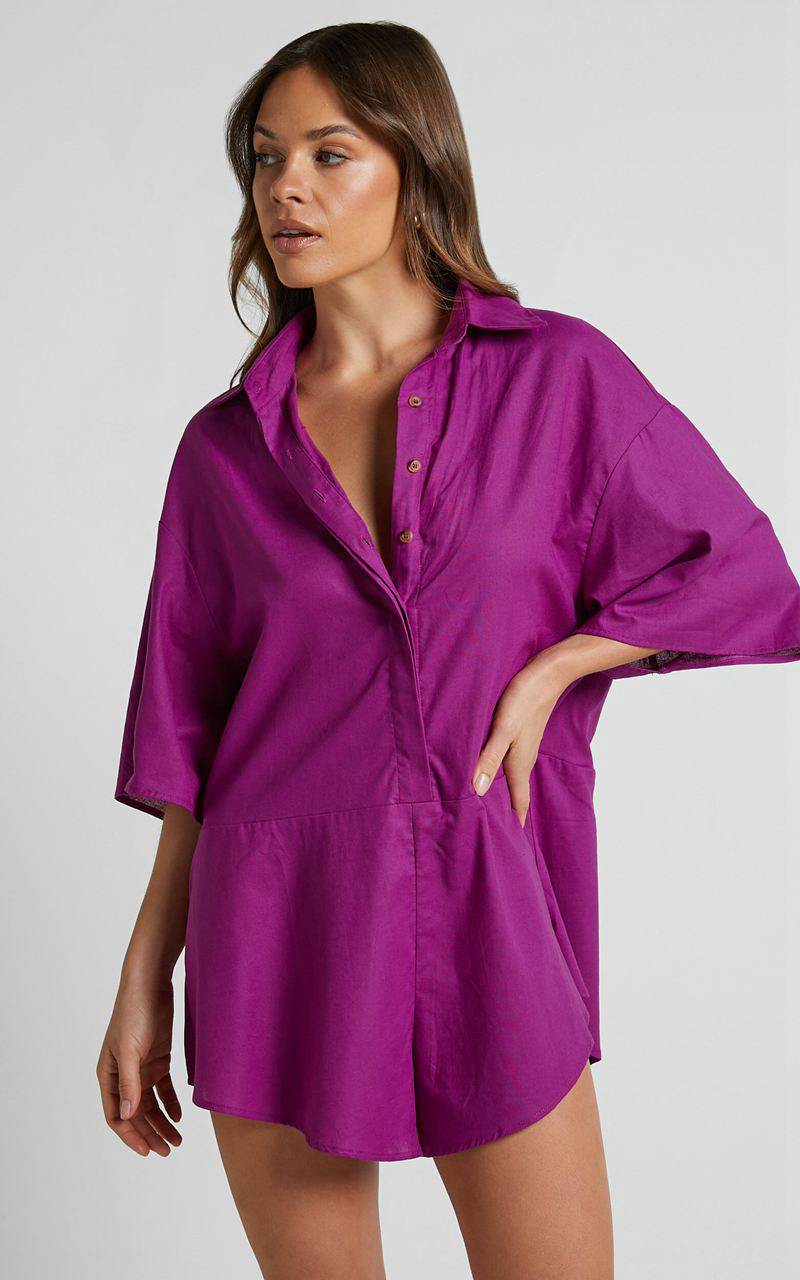 Showpo Ankana Playsuit - Short Sleeve Relaxed Button Front Playsuit Magenta | KMOQPY572