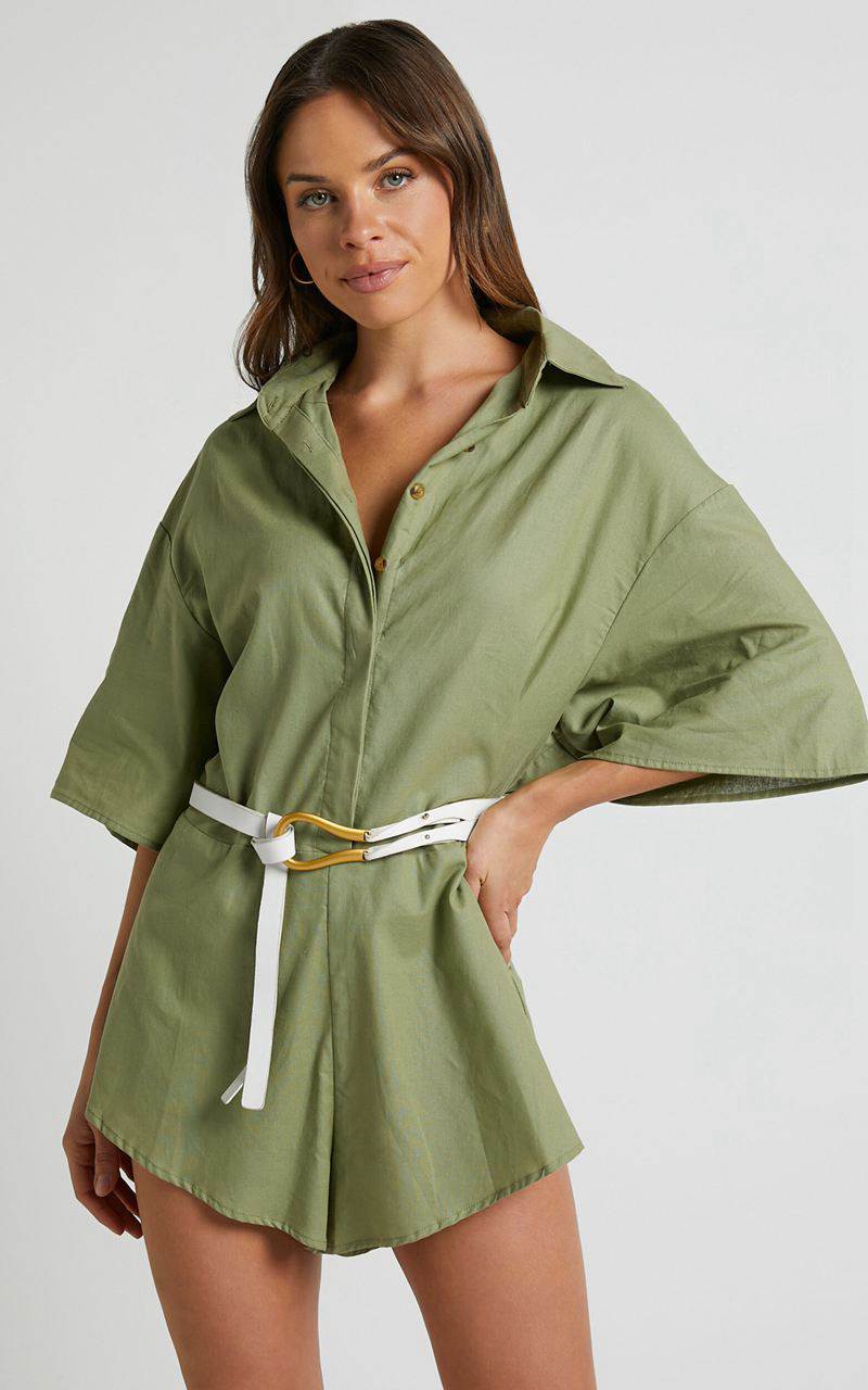 Showpo Ankana Playsuit - Short Sleeve Relaxed Button Front Playsuit Light Olive | TLSJMP183