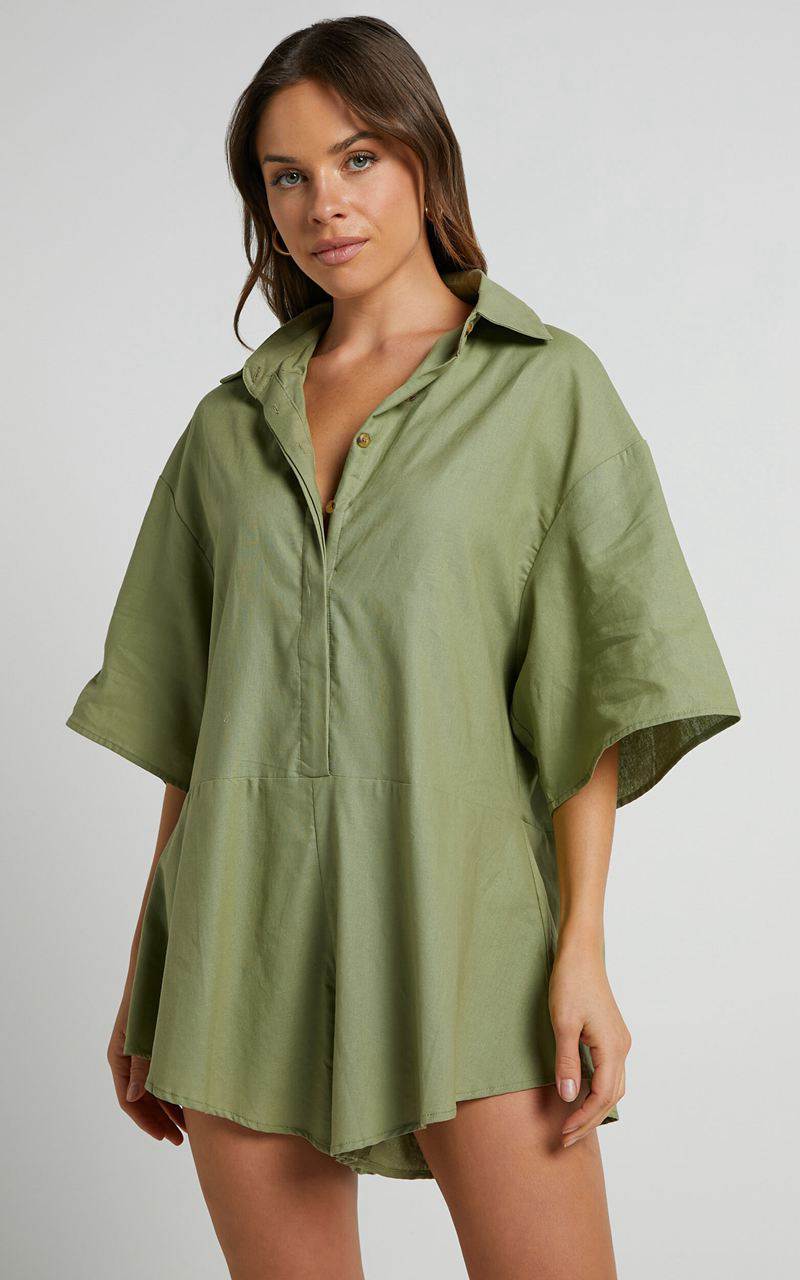 Showpo Ankana Playsuit - Short Sleeve Relaxed Button Front Playsuit Light Olive | TLSJMP183