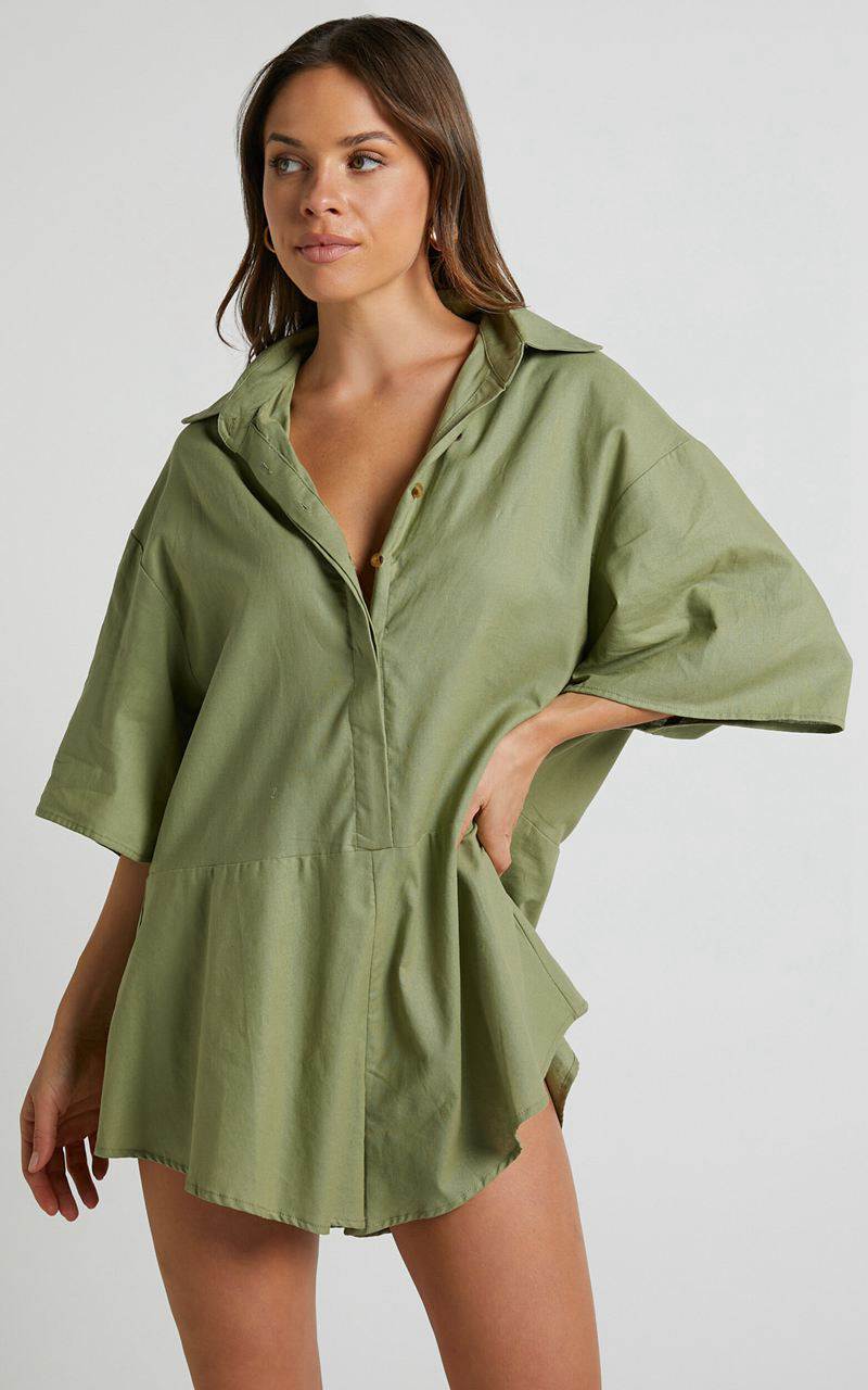 Showpo Ankana Playsuit - Short Sleeve Relaxed Button Front Playsuit Light Olive | TLSJMP183