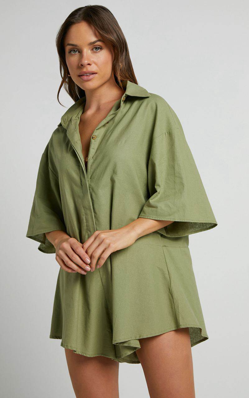 Showpo Ankana Playsuit - Short Sleeve Relaxed Button Front Playsuit Light Olive | TLSJMP183