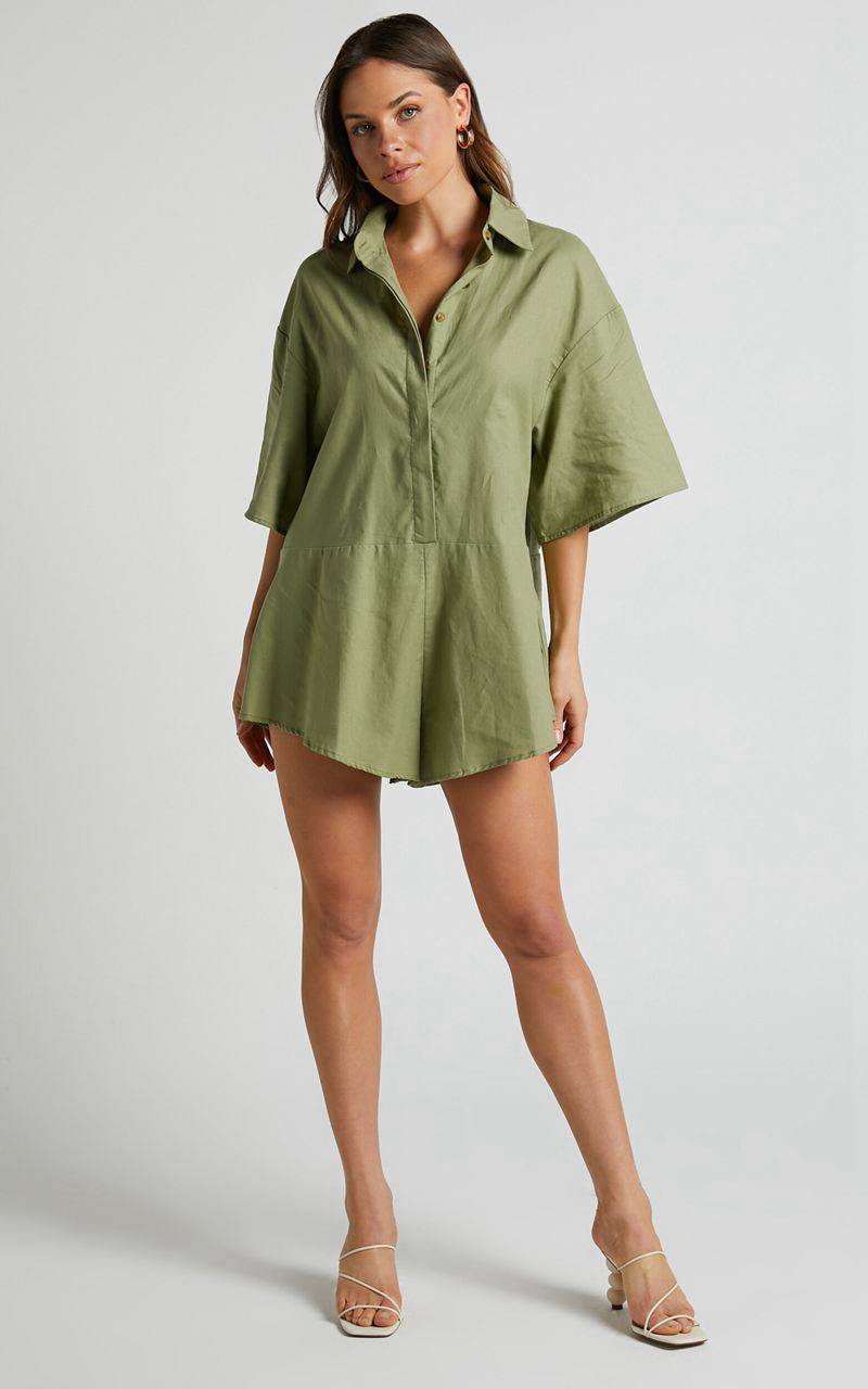 Showpo Ankana Playsuit - Short Sleeve Relaxed Button Front Playsuit Light Olive | TLSJMP183