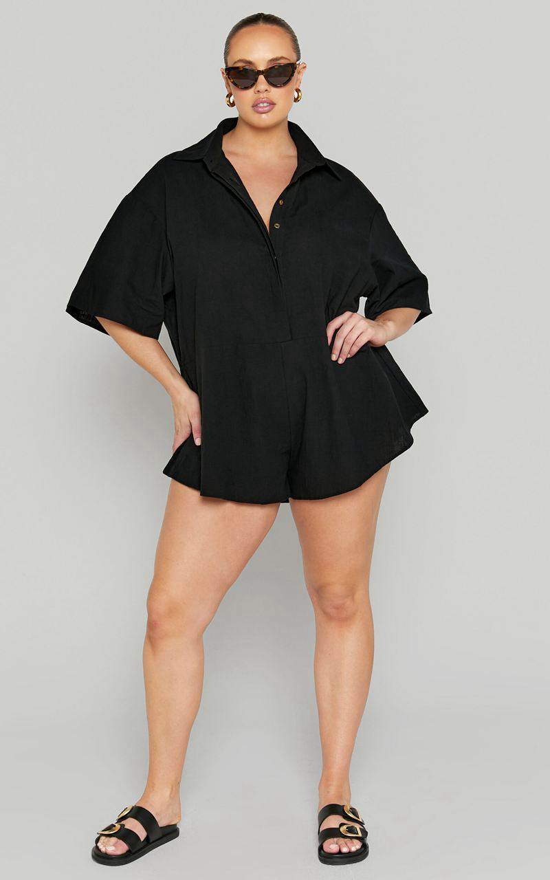 Showpo Ankana Playsuit - Short Sleeve Relaxed Button Front Playsuit Black | GTVRBA015