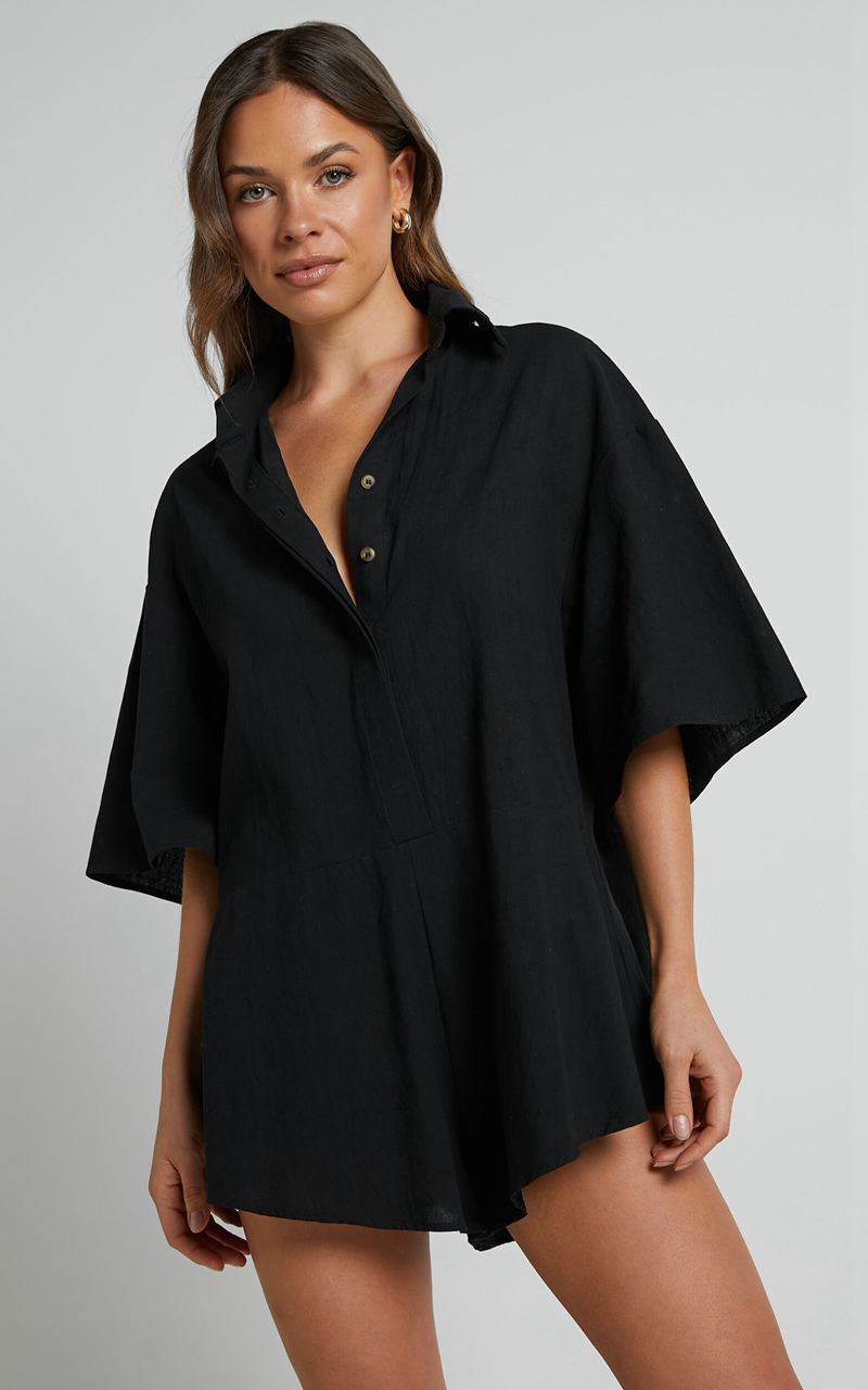 Showpo Ankana Playsuit - Short Sleeve Relaxed Button Front Playsuit Black | GTVRBA015