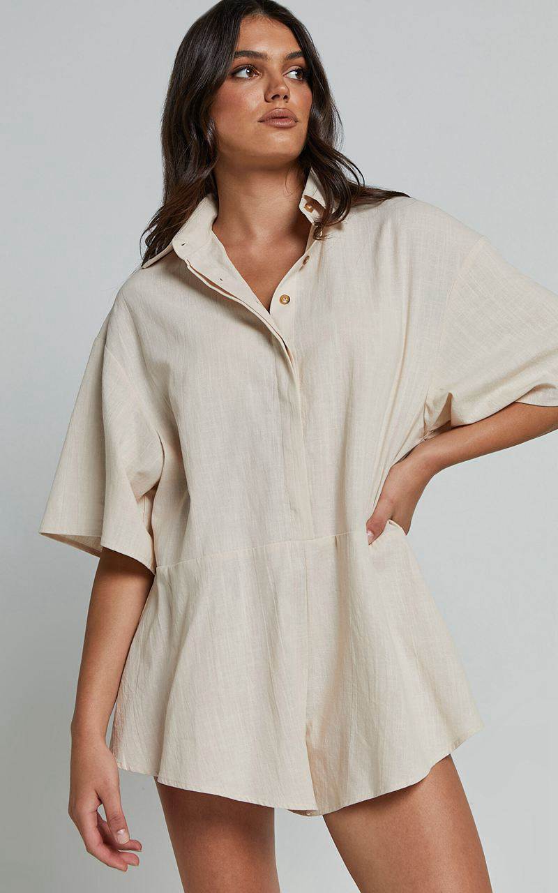 Showpo Ankana Playsuit - Short Sleeve Relaxed Button Front Playsuit Biscuit | UWXJLN846