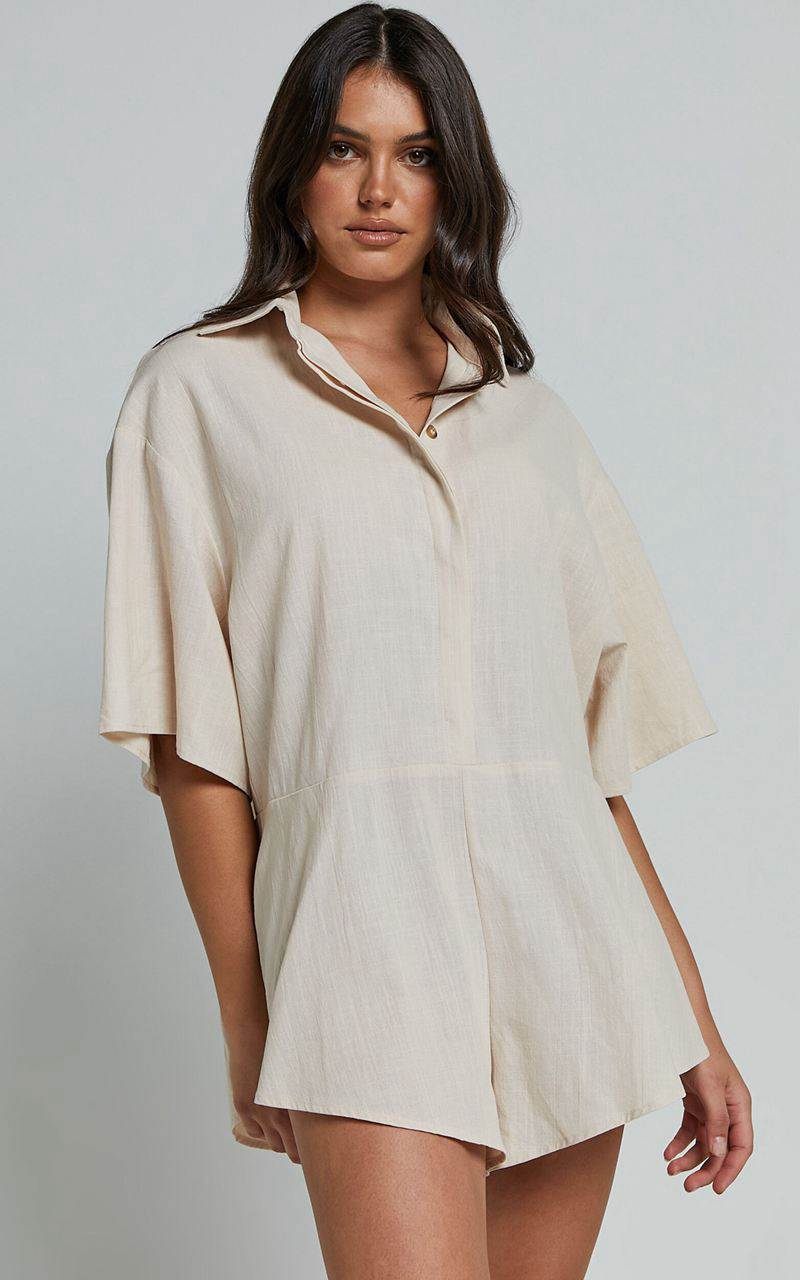 Showpo Ankana Playsuit - Short Sleeve Relaxed Button Front Playsuit Biscuit | UWXJLN846