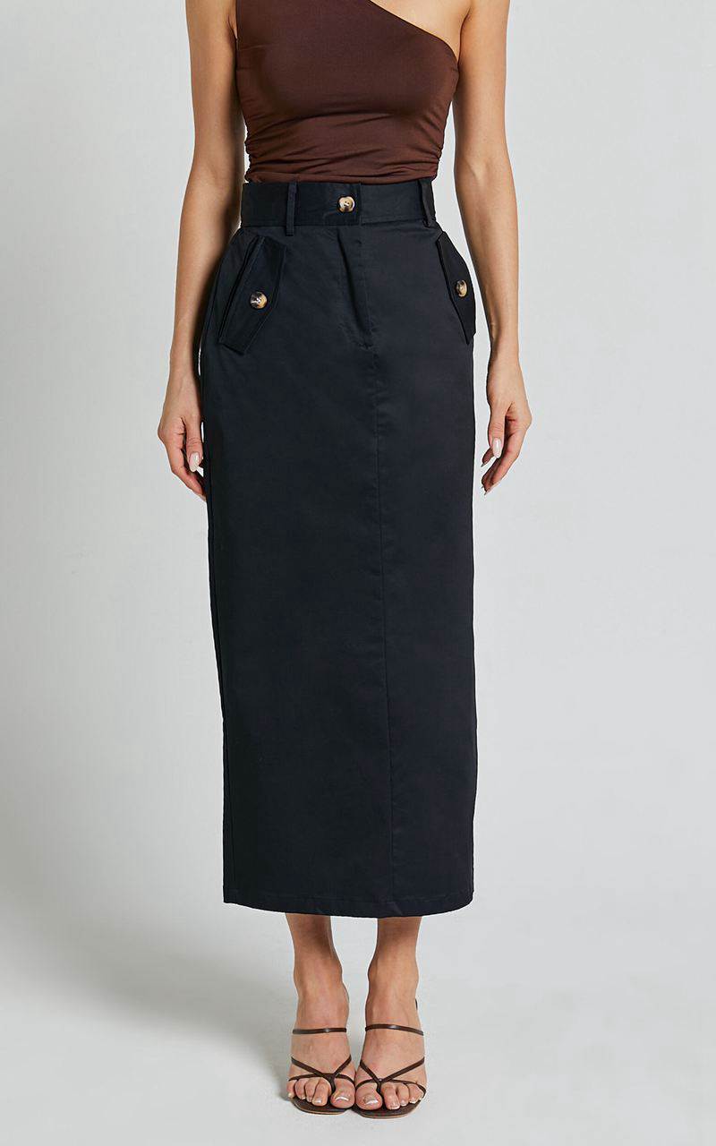 Showpo Anna Midi Skirt - High Waisted Cargo Black | UNEBJP075