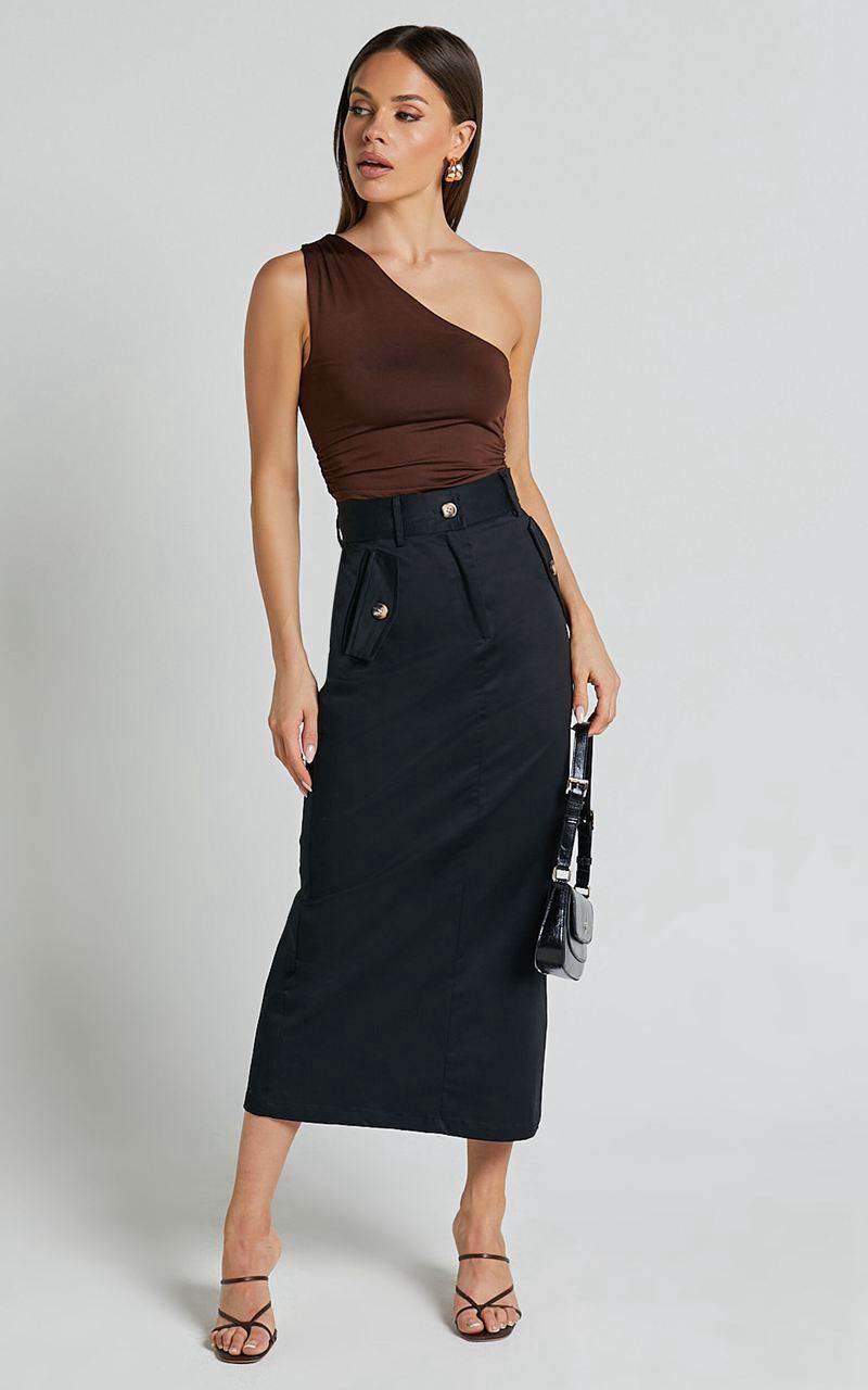 Showpo Anna Midi Skirt - High Waisted Cargo Black | UNEBJP075