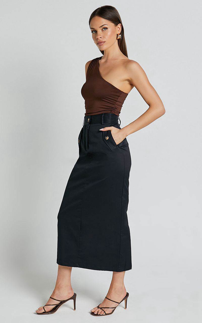 Showpo Anna Midi Skirt - High Waisted Cargo Black | UNEBJP075