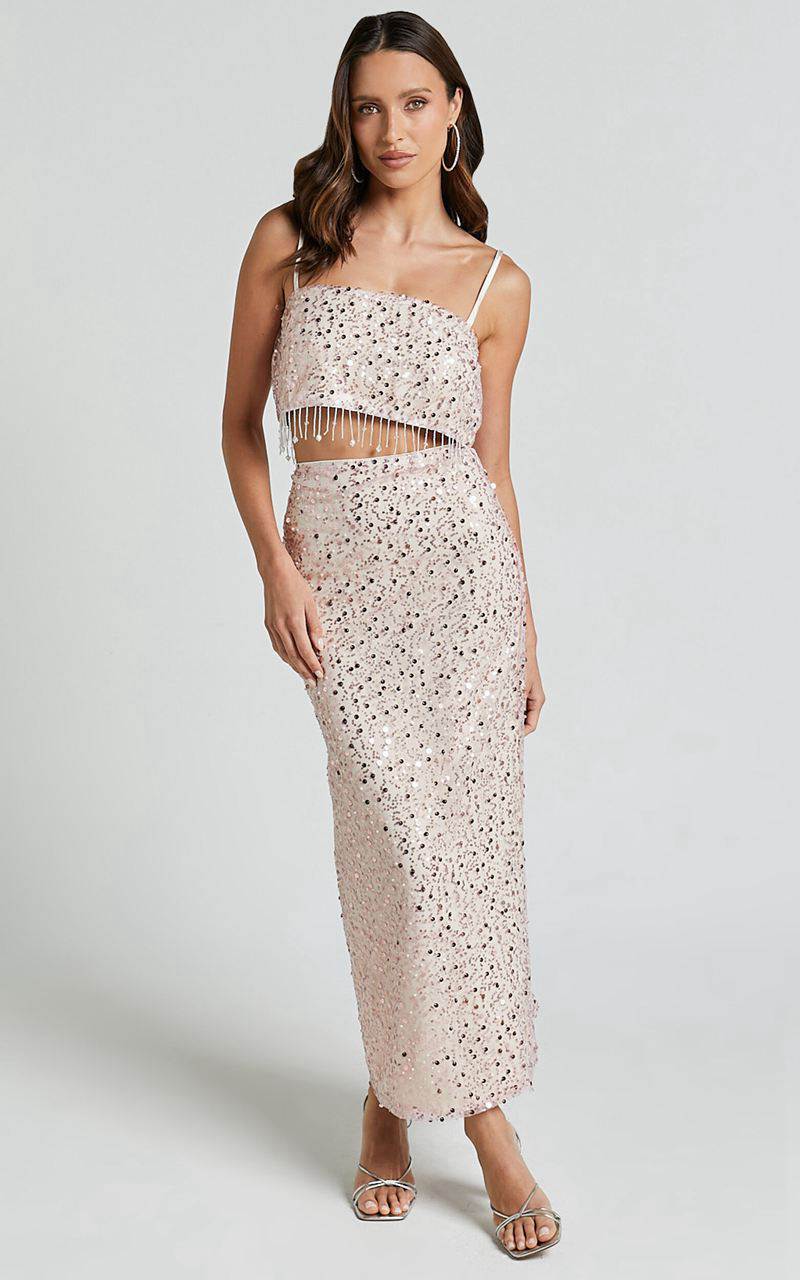 Showpo Anna Two Piece Set - Tassel Crop Top And Midi Skirt Sequin Set Pale Pink | SCFRIP467