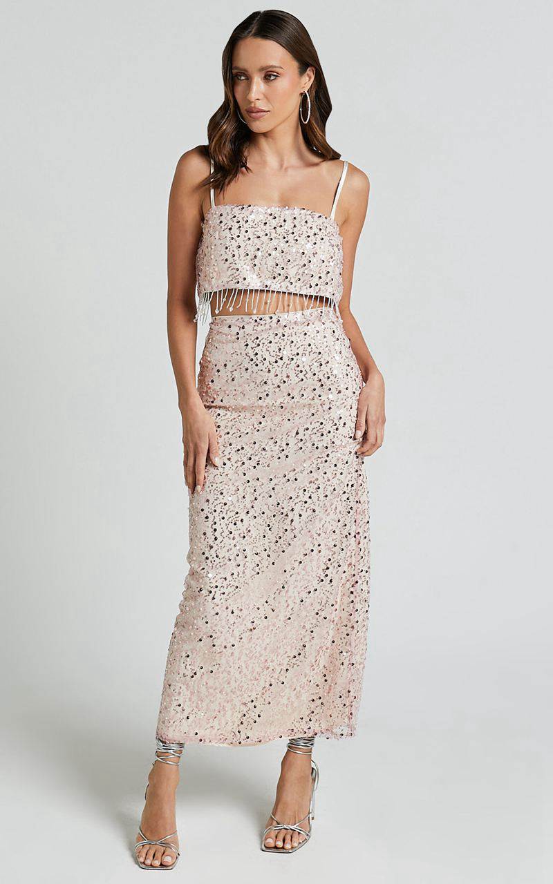 Showpo Anna Two Piece Set - Tassel Crop Top And Midi Skirt Sequin Set Pale Pink | SCFRIP467