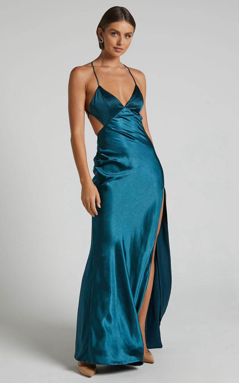 Showpo Anneke Maxi Dress - V Neck Open Back Bias Cut Dress Petrol Green | ORZGML629