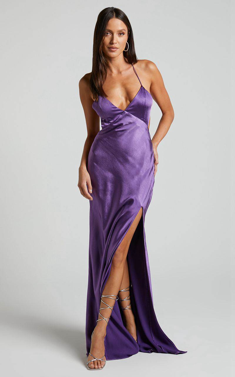 Showpo Anneke Maxi Dress - V Neck Open Back Bias Cut Dress Dark Amethyst | OBWZTN652