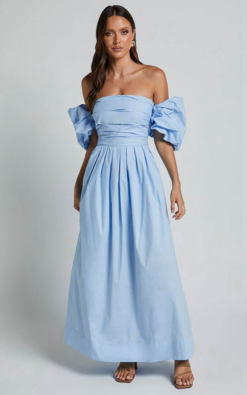 Showpo Annie Midi Dress - Off The Shoulder Ruffle Sleeve Pleated Dress Pale Blue | YVHWMD086