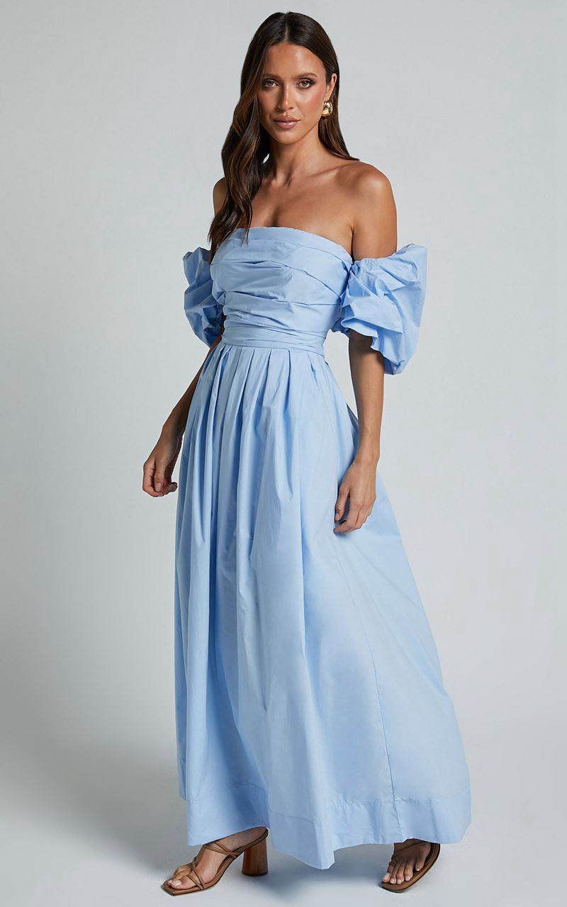 Showpo Annie Midi Dress - Off The Shoulder Ruffle Sleeve Pleated Dress Pale Blue | YVHWMD086