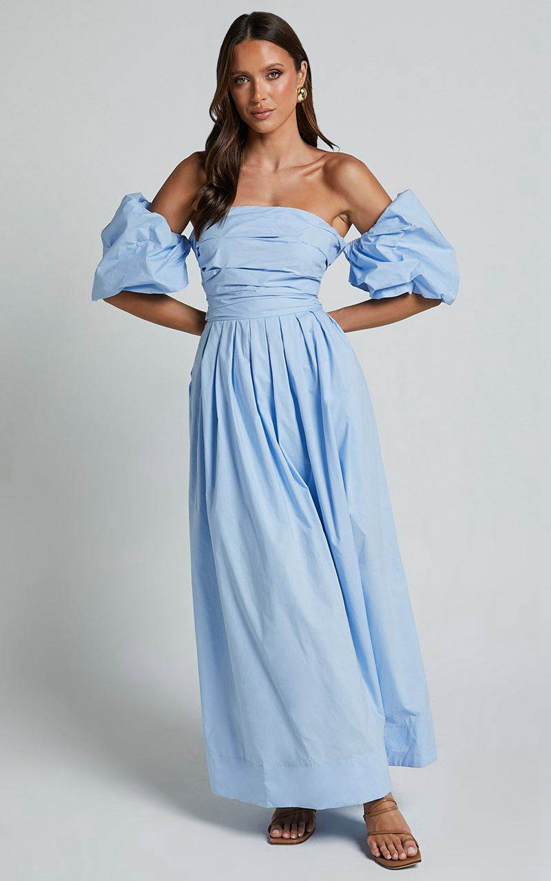 Showpo Annie Midi Dress - Off The Shoulder Ruffle Sleeve Pleated Dress Pale Blue | YVHWMD086