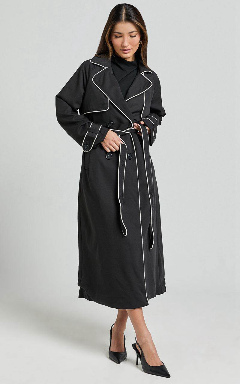 Showpo Anziel Coat - Double Breasted Longline Coat Black | OZKINL153