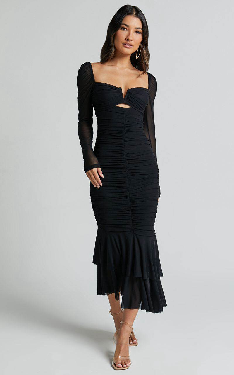 Showpo Arabella Midi Dress - Bust Detail Ruched Mesh Midi With Cut Out Detail Black | AKDEFN389