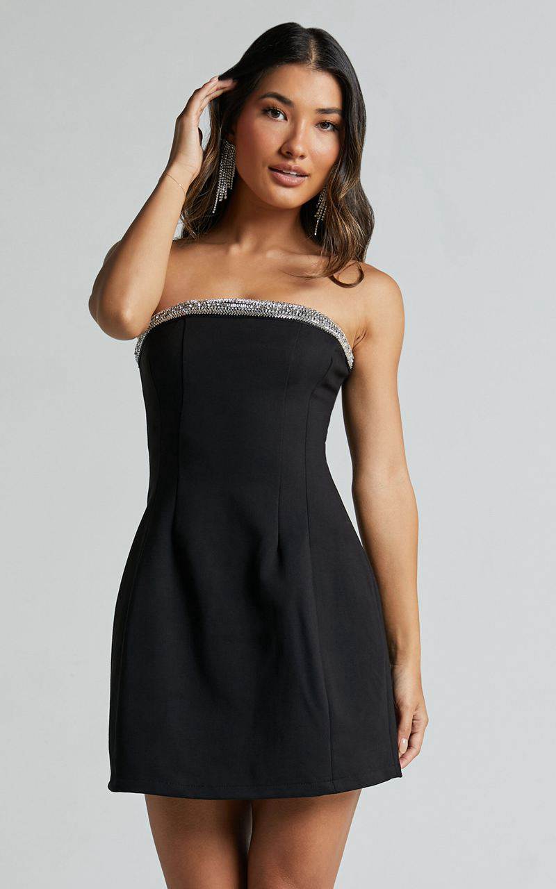 Showpo Arabella Mini Dress - Strapless Diamante Trim Structured Dress Black | UXHKQR289