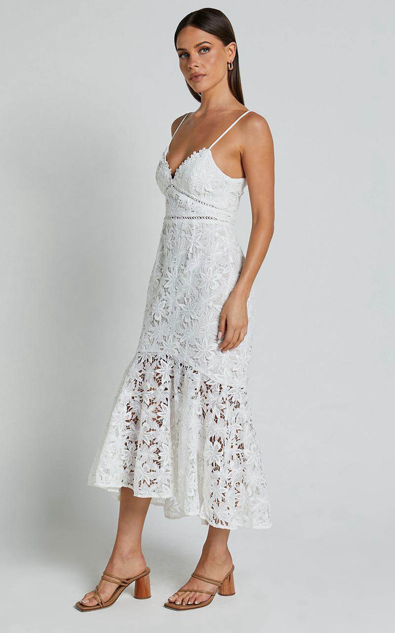 Showpo Aracely Midi Dress - Strappy Sweetheart Lace Mermaid Dress White | JEAHPS914