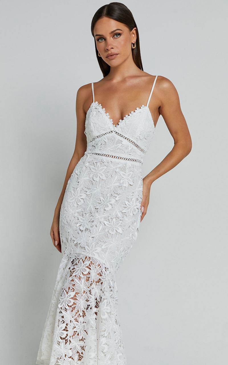 Showpo Aracely Midi Dress - Strappy Sweetheart Lace Mermaid Dress White | JEAHPS914