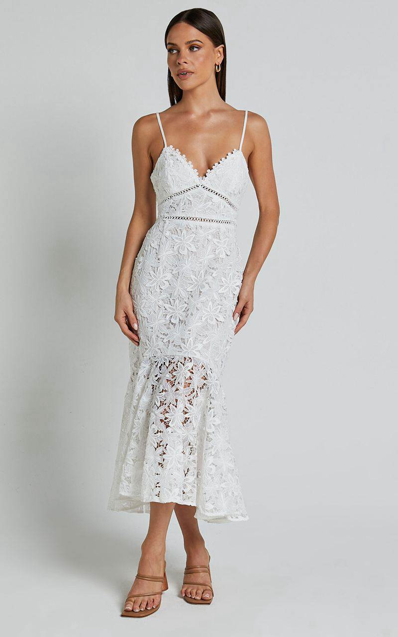 Showpo Aracely Midi Dress - Strappy Sweetheart Lace Mermaid Dress White | JEAHPS914