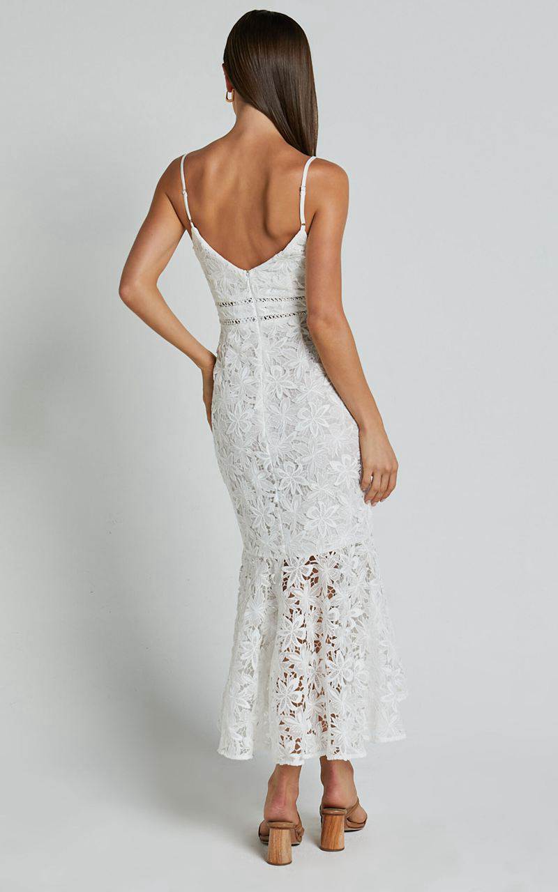 Showpo Aracely Midi Dress - Strappy Sweetheart Lace Mermaid Dress White | JEAHPS914