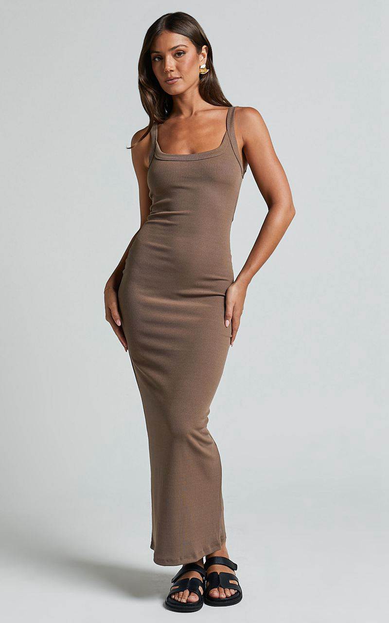 Showpo Archiena Maxi Dress - Scoop Neck Sleeveless Ribbed Singlet Dress Mocha | ONYWIL721