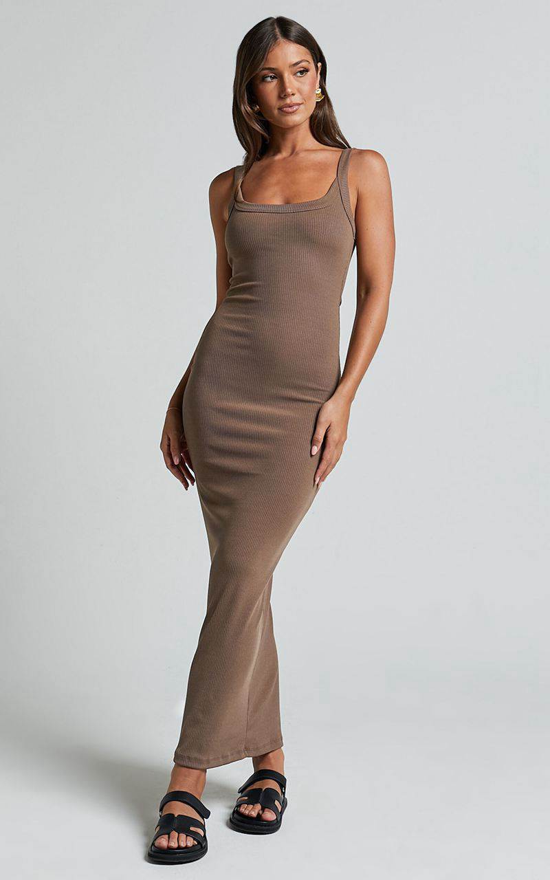 Showpo Archiena Maxi Dress - Scoop Neck Sleeveless Ribbed Singlet Dress Mocha | ONYWIL721